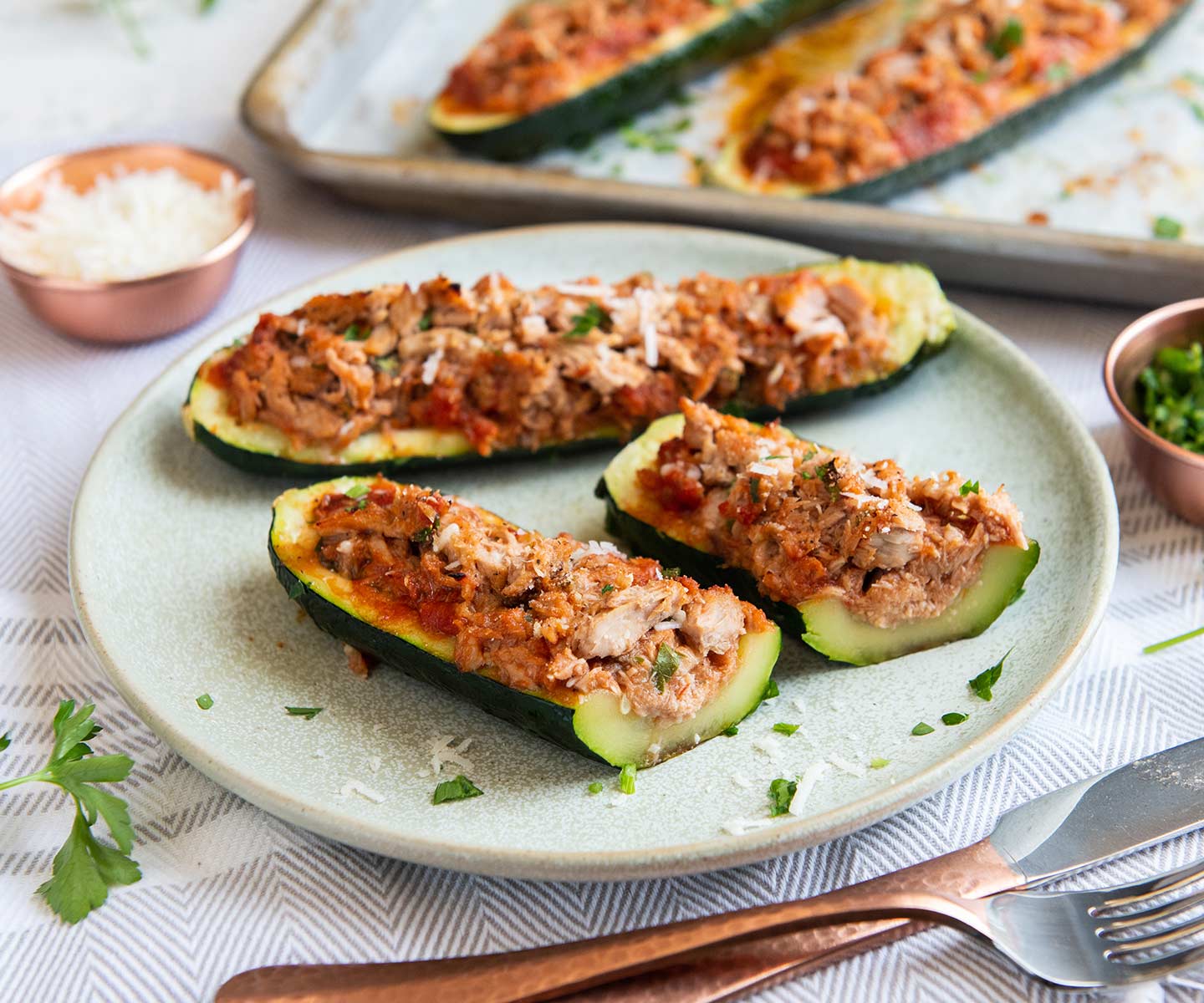 Cheesy Stuffed Zucchini with Tuna Chicken of the Sea