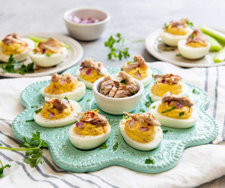 Deviled Eggs Topped with Mackerel Chicken of the Sea
