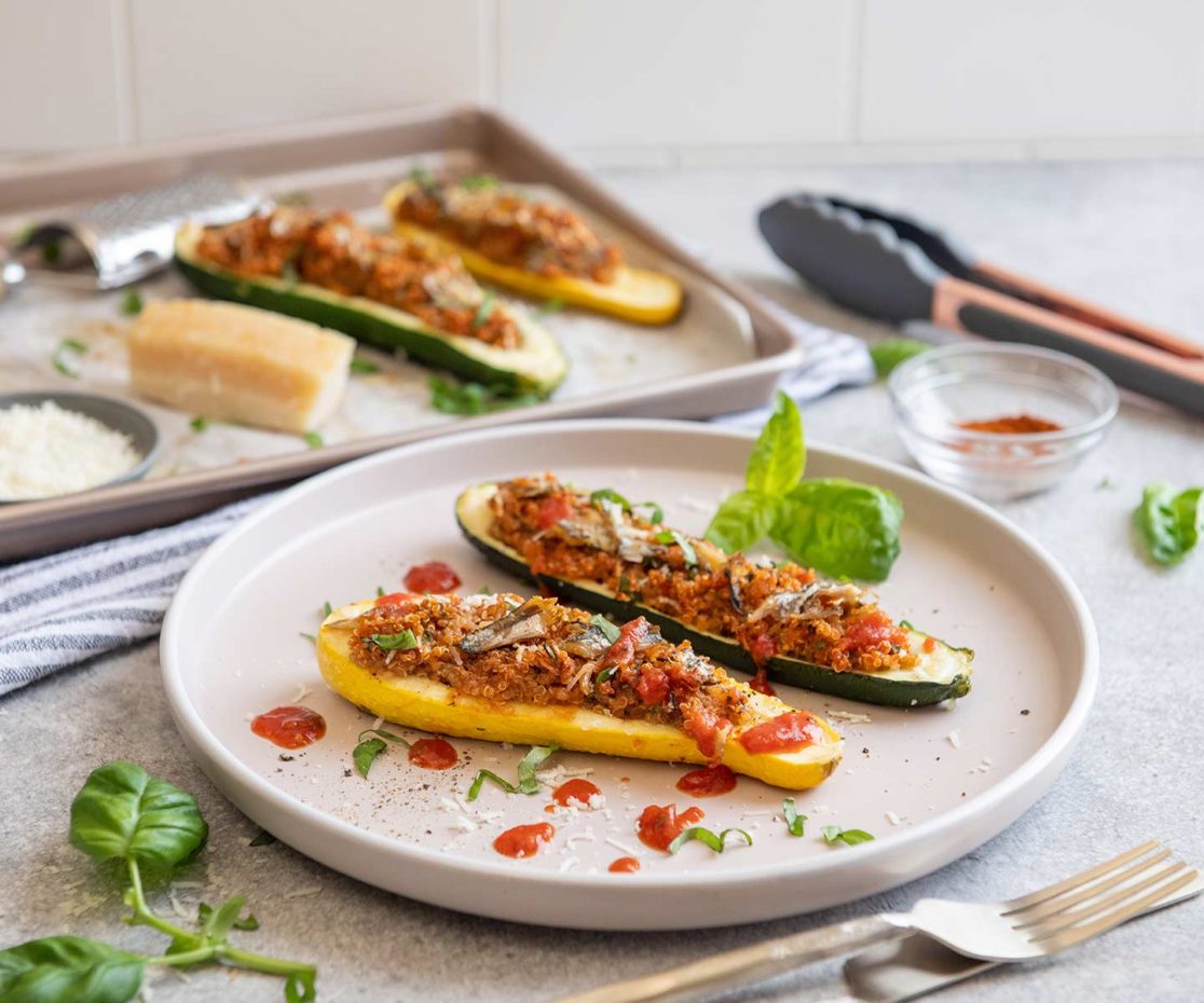 Zucchini Stuffed with Sardines and Quinoa Chicken of the Sea