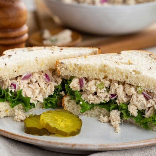 A classic tuna sandwich has flaked, canned tuna with mayonnaise, crunchy onion, and tangy seasonings, between slices of high-quality bread.